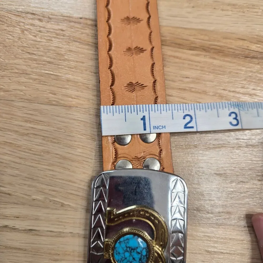 Vintage Tooled Leather Belt Silver Gold Tone Buckle Horse Shoe Handcrafted Mens